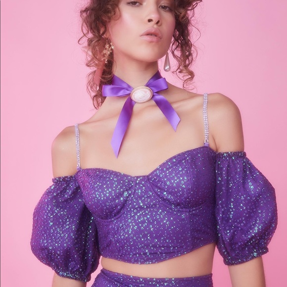 Dolls Kill Tops - Sugar Thrillz Glitter Puff Sleeve Crop Bustier